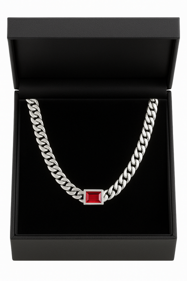 999 Silver Cuban Chain with Ruby Pendant – 8mm